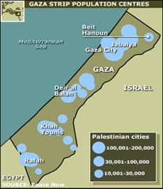 Map showing major population centres in the Gaza Strip