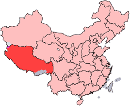 La Regione Autonoma del Tibet  evidenziata nella mappa