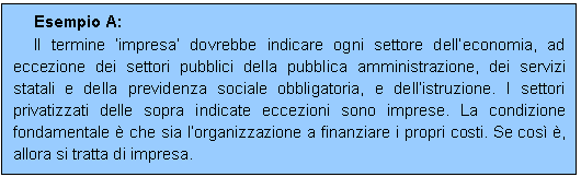 Casella di testo: Esempio A:
Il termine impresa dovrebbe indicare ogni settore delleconomia, ad eccezione dei settori pubblici della pubblica amministrazione, dei servizi statali e della previdenza sociale obbligatoria, e dellistruzione. I settori privatizzati delle sopra indicate eccezioni sono imprese. La condizione fondamentale  che sia lorganizzazione a finanziare i propri costi. Se cos , allora si tratta di impresa.

