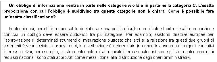 Casella di testo: Un obbligo di informazione rientra in parte nelle categorie A o B e in parte nella categoria C. Lesatta proporzione con cui lobbligo  suddiviso tra queste categorie non  chiara. Come  possibile fare unesatta classificazione?

In alcuni casi, per chi  responsabile di elaborare una politica risulta complicato stabilire lesatta proporzione con cui un obbligo deve essere suddiviso tra pi categorie. Per esempio, esistono direttive europee per lapprovazione di determinati strumenti di misurazione piuttosto che altri e la relazione tra questi due gruppi di strumenti  sconosciuta. In questi casi, la distribuzione  determinata in concertazione con gli organi esecutivi interessati. Qui, per esempio, gli strumenti conformi ai requisiti internazionali cos come gli strumenti conformi ai requisiti nazionali sono stati approvati come mezzi idonei alla distribuzione degli oneri amministrativi.
