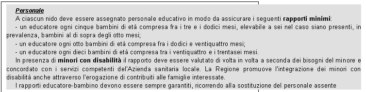Casella di testo: Personale
A ciascun nido deve essere assegnato personale educativo in modo da assicurare i seguenti rapporti minimi:
- un educatore ogni cinque bambini di et compresa fra i tre e i dodici mesi, elevabile a sei nel caso siano presenti, in prevalenza, bambini al di sopra degli otto mesi;
- un educatore ogni otto bambini di et compresa fra i dodici e ventiquattro mesi;
- un educatore ogni dieci bambini di et compresa tra i ventiquattro e i trentasei mesi.
In presenza di minori con disabilit il rapporto deve essere valutato di volta in volta a seconda dei bisogni del minore e concordato con i servizi competenti delAzienda sanitaria locale. La Regione promuove lintegrazione dei minori con disabilit anche attraverso lerogazione di contribuiti alle famiglie interessate.
I rapporti educatore-bambino devono essere sempre garantiti, ricorrendo alla sostituzione del personale assente 
