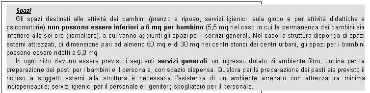 Casella di testo: Spazi
Gli spazi destinati alle attivit dei bambini (pranzo e riposo, servizi igienici, aula gioco e per attivit didattiche e psicomotorie) non possono essere inferiori a 6 mq per bambino (5,5 mq nel caso in cui la permanenza dei bambini sia inferiore alle sei ore giornaliere), a cui vanno aggiunti gli spazi per i servizi generali. Nel caso la struttura disponga di spazi esterni attrezzati, di dimensione pari ad almeno 50 mq e di 30 mq nei centri storici dei centri urbani, gli spazi per i bambini possono essere ridotti a 5,0 mq.
In ogni nido devono essere previsti i seguenti servizi generali: un ingresso dotato di ambiente filtro; cucina per la preparazione dei pasti per i bambini e il personale, con spazio dispensa. Qualora per la preparazione dei pasti sia previsto il ricorso a soggetti esterni alla struttura  necessaria lesistenza di un ambiente arredato con attrezzatura minima indispensabile; servizi igienici per il personale e i genitori; spogliatoio per il personale. 
